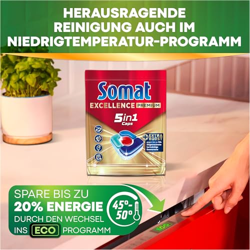 SOMAT Excellence Premium 5in1 Caps (75), schnellauflösende Spülmaschinentabs mit Extra Boost auch im Niedrigtemperatur-, Kurz- & Eco-Programm, entfernen selbst 72 h eingetrocknete Essensreste