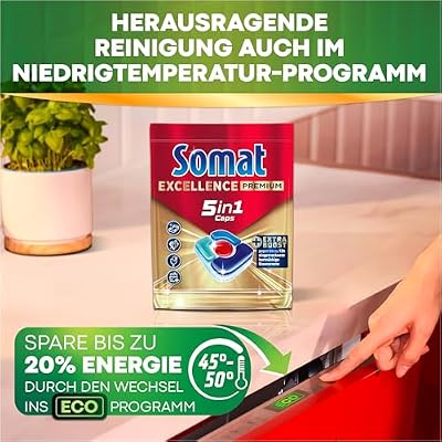 SOMAT Excellence Premium 5-in-1 Caps (75), Quick Dissolving Dishwasher Tablets with Extra Boost, Also in Low Temperature, Short and Eco Program, Remove Even 72 Hours Dried Food Scraps