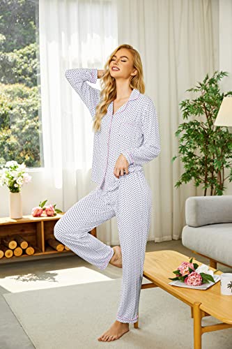 Ekouaer Long Sleeve Button Down Pj Set With Pajama Longs,White With Black Dots,Medium #TOP3