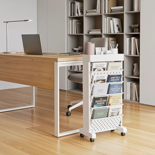 Image of BYFU Plastic 6-Tiered Shelf Rolling Bookshelf, Multi-Functional Storage Rolling File Cart with Lockable Casters for Office Tabletop, Floor Standing Kitchen Classroom Organization and Storage, White