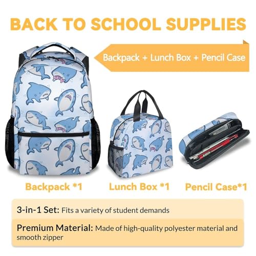 Shark Backpack with Lunch Box - Set of 3 School Backpacks Matching Combo for Girls Boys - Cute Blue Bookbag and Pencil Case Bundle3