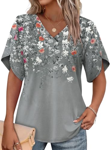 Image of WIHOLL Womens Summer Tops Short Petal Sleeve Shirts Fashion V Neck Womens Clothing