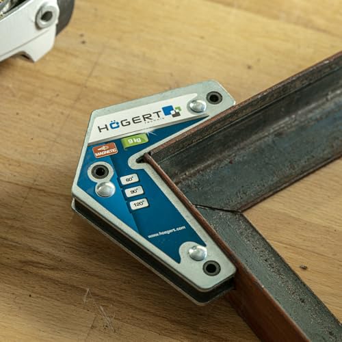 Högert Technik Schweißmagnet Set 2-tlg, magnetischer Schweißwinkel L-Form, 9 kg Haltekraft, Magnetwinkel für Schweißen, Löten, Montage, Winkel 60° 90° 120°