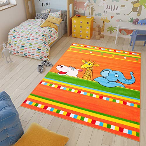 TAPISO Kinder Teppich Kurzflor Kinderteppich Modern Spielteppich Bunt Orange Tiere Elefant Giraffe...