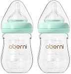 Oberni Anti-Colic Bouteille de bébé en verre, 5oz/150ml avec réponse naturelle à flux lent Nipple comme la bête pour 0-3 mois Bébés nouveau-nés Allaitement, Blue/paquet de 2