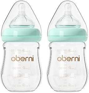 Oberni Anti-Colic Glass Baby Bottle, 5oz/150ml with Natural Response Slow Flow Beast-Like Nipple for 0-3 Months Newborn Babies Milk Feeding, Blue/2 Pack