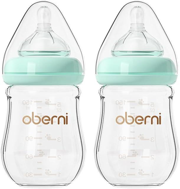 Oberni Anti-Colic Bouteille de bébé en verre, 5oz/150ml avec réponse naturelle à flux lent Nipple comme la bête pour 0-3 mois Bébés nouveau-nés Allaitement, Blue/paquet de 2
