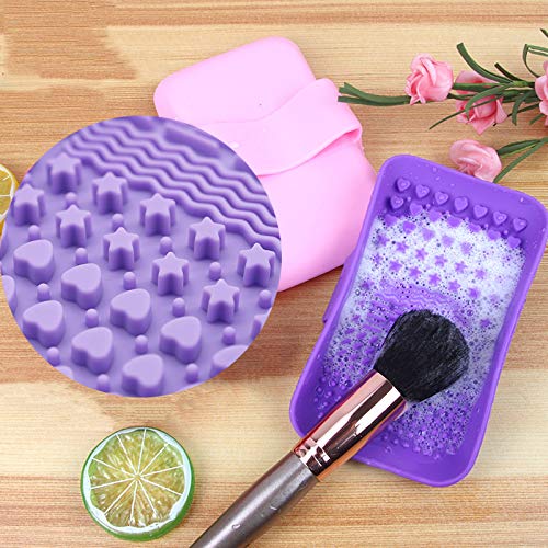 2 Pack Silicone Makeup Brush Cleaning Mat, Angzhili Makeup Brush Cleaner, Portable Makeup Brush Cleaner Pad, Cosmetic Brush Washing Tool(Pink+Purple) #TOP2
