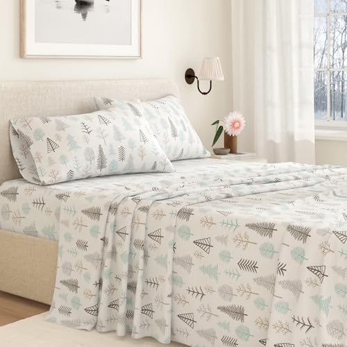 Image of Great Bay Home Flannel Sheet Set Queen Size - 100% Turkish Cotton, Double-Brushed, Lodge-Printed Bed Sheets - Ultra-Soft, Cozy, 4-Piece Bedding Set (Winter Forest)