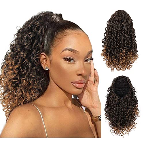 AISI BEAUTY Curly Ponytail Extension for Black Women Drawstring Ponytail Hair Extensions Mix Brown Drawstring Curly Ponytail with 2 Clips in