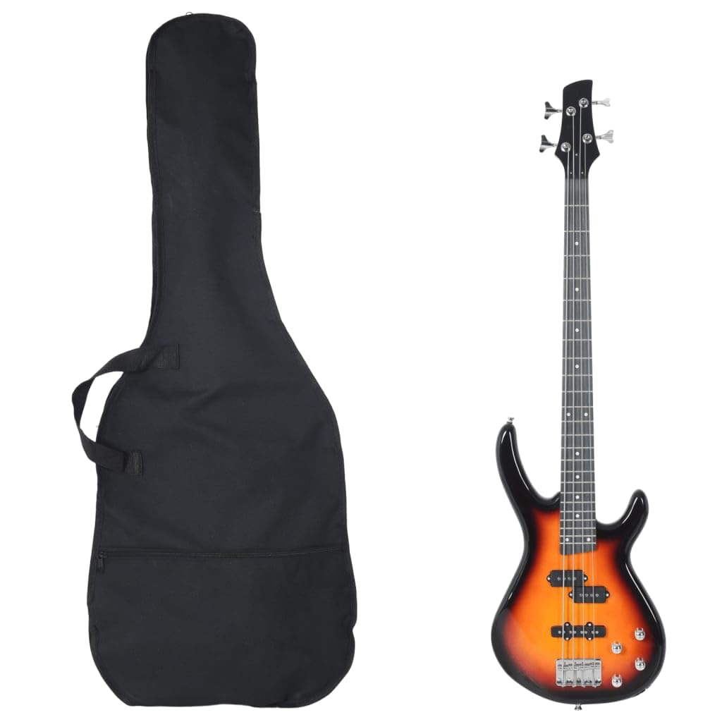 E-Bass für Anfänger 4/4 46 Zoll mit praktischer Tasche in Braun Schwarz langlebiges Massivholz inkl Zubehör ideal für Einsteiger Kinder Erwachsene Musikunterricht