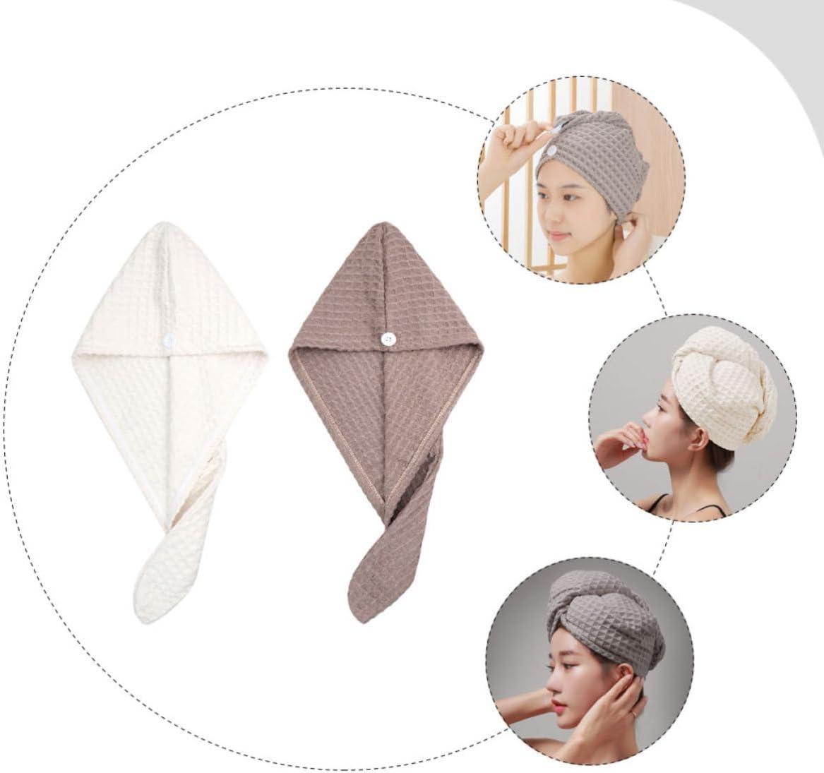 2pcs White Microfiber Hair Drying Hat for Wet Curly Hair, Hands-free