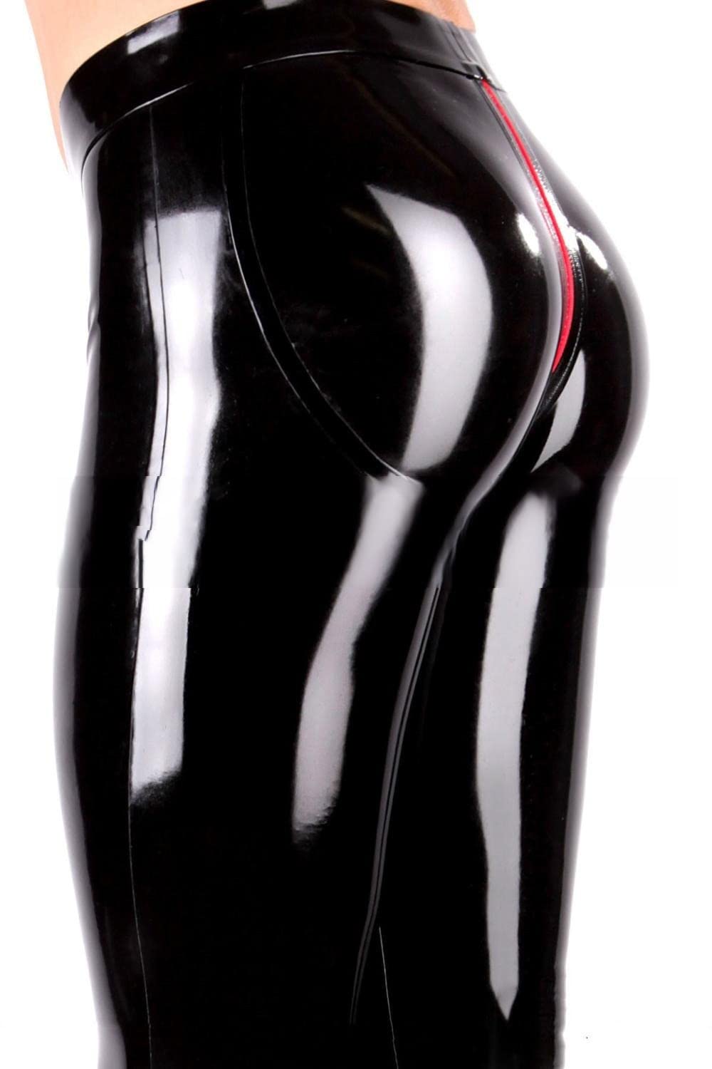 Leggings Latex Homme Latex Maigre Coupe 3D Hanches Coupe Entrejambe Zip Rouge Zip