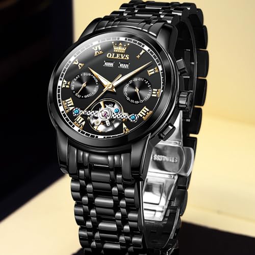 Image of OLEVS Watches for Men Automatic Mechanical, Luxury Waterproof Stainless Steel Wrist Watch, Self Winding No Battery Multi-Function Day Date 5-Hand Calendar, Classic Large Face Casual Business Dress Fashion Gifts for Men