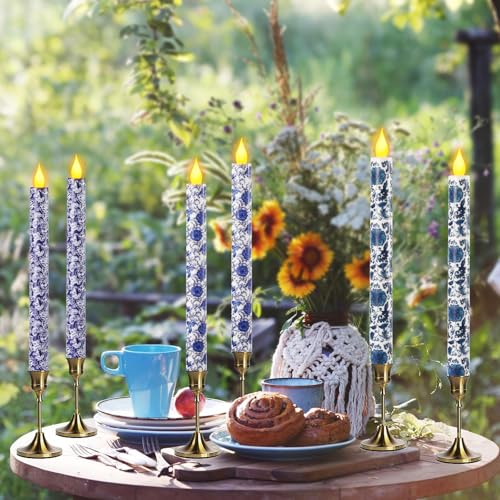 Image of 6 PCS Chinoiserie Flameless Candles - Blue and White Decor Flameless Candles Battery Operated Floral Printed Faux Candles Blue Candles Chinoiserie Decor for Wedding Garden Festive Party Decoration