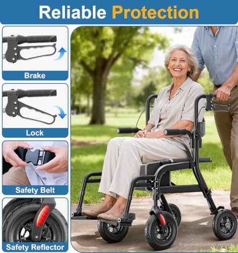 HOMLAND Foldable Walkers for Seniors with Seat, Lightweight 2 in 1 Rollator Walker Wheelchair Combo, 10" All Terrain Transport Chair with Brakes, Adjustable Seat & Handle, 300lb Capacity, Storage Bag by HOMLAND - Image 7