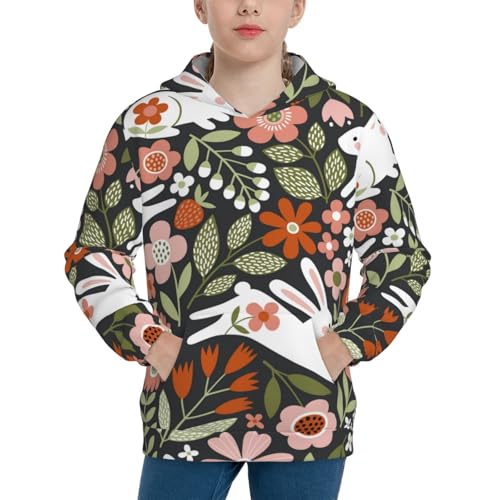 Rabbits on Floral Kid Hoodies Boys Sweatshirts Girls Pullover with Pocket