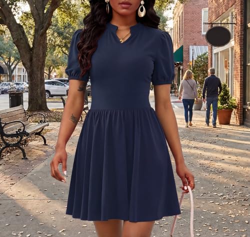 Image of Women's V Neck Summer Dress Puff Short Sleeve Flowy Stretchy Flowy Comfort Fit for Daily Wear Work Midi Casual Dresses