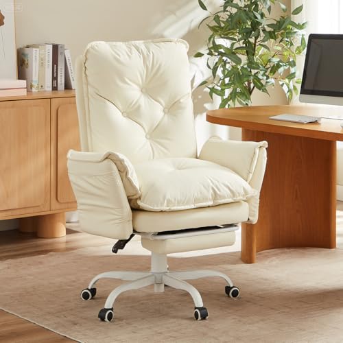 Bestier Criss Cross Chair with Footrest, High Back Cross Legged Office Chair with Flip-up Arms & Wide Seat, 135° Reclining Executive Ergonomic Computer for Working Gaming(Beige, PU Leather)