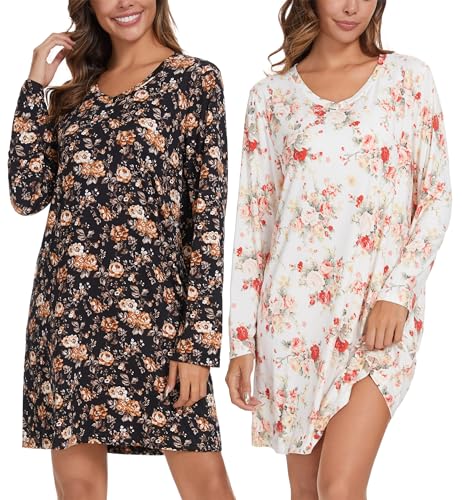 Image of Kabento 2 Pack Long Sleeve Nightgowns for Women Soft Cotton Night Gowns Sleepwear V Neck Nightshirts
