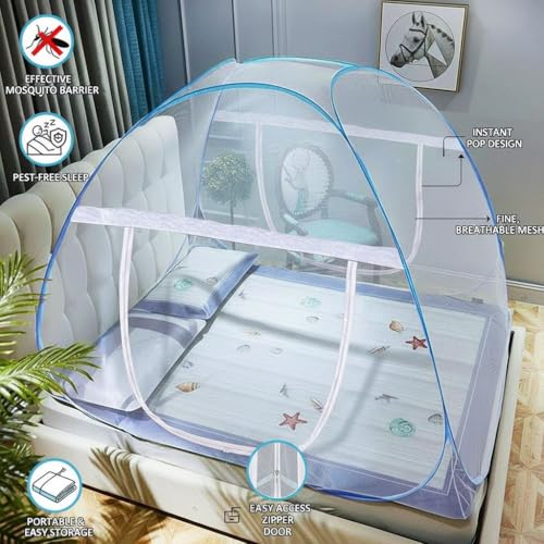 Image of Rainspire Foldable Mosquito Net for Double Bed King Size - Breathable Fine Mesh, with Handle, Heavy Duty Portable Collapsible Mosquito Protection Net for Bedroom Indoor Use - Blue