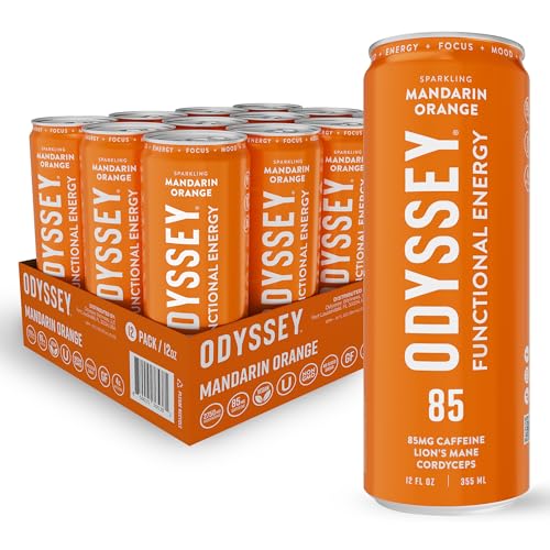 Odyssey Functional Energy Drink for Focus, Cognition & Mood Support 12 Pack - Adaptogenic Drink with 85mg Green Tea Caffeine, Lion’s Mane, Cordyceps, L-Theanine & Ginseng, Sparkling Orange