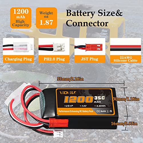 Image of 7.4V Lipo Battery 1200mAh 2S 35C SCX24 Lipo Batteries with PH2.0 & JST Plug Rechargeable Lithium Battery Fit for WLtoys Rc Cars A949 A959 A969 A979 K929 and Most 1 /10 1 /16 1 /18 1 /24 RC Cars
