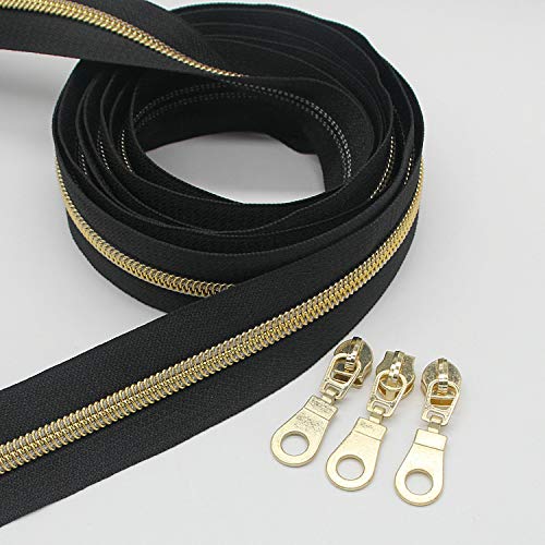 Image of #5 Gold Metallic Nylon Coil Zippers by The Yard Bulk 10 Yards Black Tape with 25pcs Gold Sliders for DIY Sewing Tailor Craft Bag Leekayer(Black)