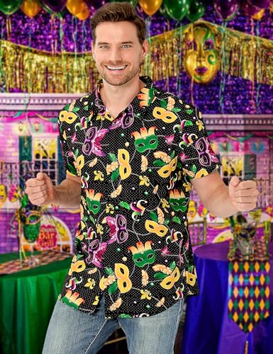 LINOCOUTON Men's Mardi Gras Button Down Short Sleeve Shirts2