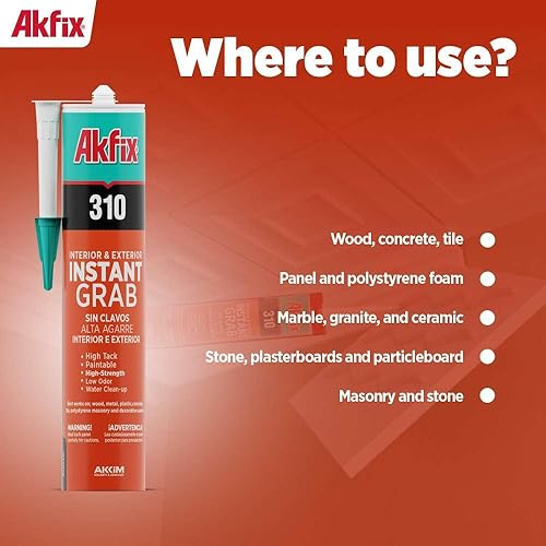 Miniatura 4 de Akfix Adhesivo de agarre instantáneo 310. Pintable. Se adhiere a madera, cocnrete, vidrio, granito, azulejos decorativos, color blanco, 10.1 onzas
