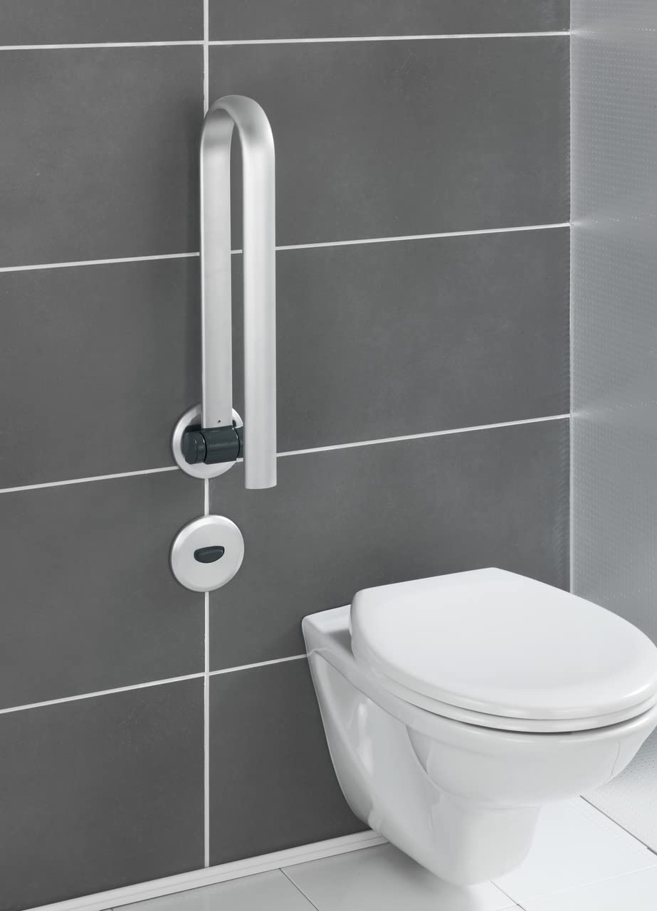 WENKO Appoggio ribaltabile per WC Secura Premium - Maniglione di sicurezza pieghevole per la zona del lavabo e del WC, portata fino a 120 kg, Alluminio, 53 x 11 x 27 cm, Argento opaco
