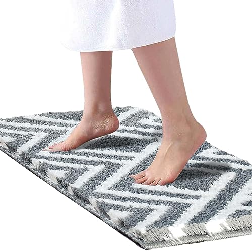 Image of Microfiber Shaggy Striped Design Bath Mat | Non Slip TPR Backing Absorbent Plush Door Floor Rug for Shower Bathroom Kitchen Living Room Home Decor (40x60 cm, Grey and White)