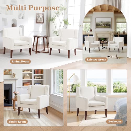 Image of Accent Chairs for Living Room, Mid-Century Reading Chair with Wood Legs, Upholstered Comfy Living Room Chair for Bedroom, Apartment, Waiting Room, Beige