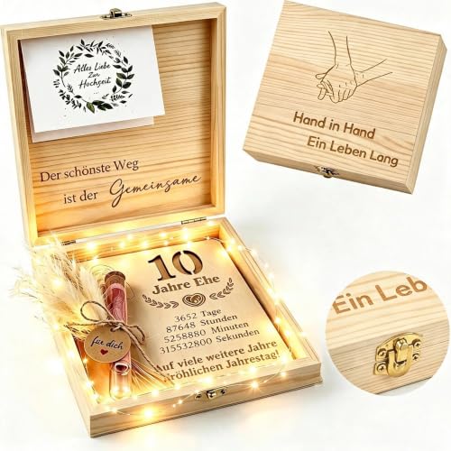 MINISONA Zinnhochzeit Geldgeschenk Holzbox 10 Jahre Hochzeit für Paare | Geschenk mit Glasröhrchen für Geldscheine, Karte Trockenblumen...