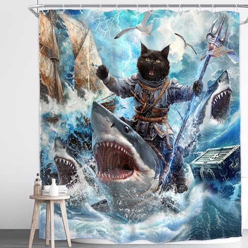 Image of Funny Cat Shower Curtain Kids Cool Pirate 72Wx72H Inch Decor