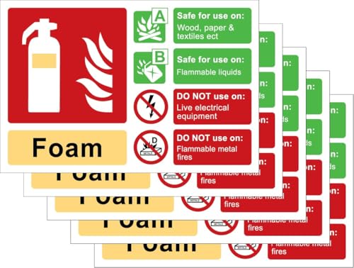 Pack of 5, 165mm x 110mm Foam Fire extinguisher label, self adhesive vinyl sign
