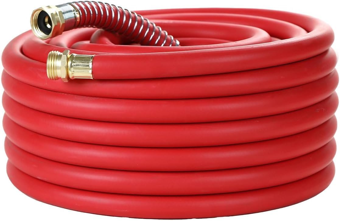 Garden Hose 50FT x 5/8”, Heavy Duty Rubber Hose, Water Hose with Five-Layered Braiding, Hot/Cold Water, 1000PSI Burst, 200PSI Working (Red)