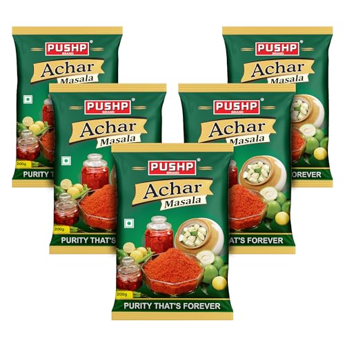 Image of Pushp Brand Achar Masala | 200g | Premium Blend of Traditional Spices | Ready-to-Use Pickle Mix | Authentic Homemade Pickle Masala | No Added Preservatives (Pack of 5)
