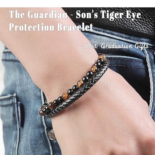 The Guardian - Son's Tiger Eye Protection Bracelet, Leather Black Beaded Bracelets for Women & Men with Engarved Name, Cuff Bangle Mens Beaded Bracelets, To My Son Bracelet from Mom, Mens Gifts3