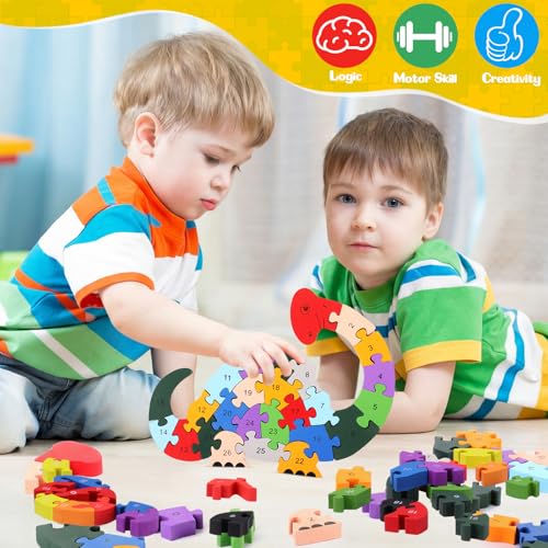 Image of Yunsailing 4 Pcs Alphabet Jigsaw Puzzle Wooden Blocks Toys Alphabet Educational Toddler Puzzle Toys for Preschool Learning Party Favor Gift Learning(Elephant, Bear, Dinosaur, Cow)