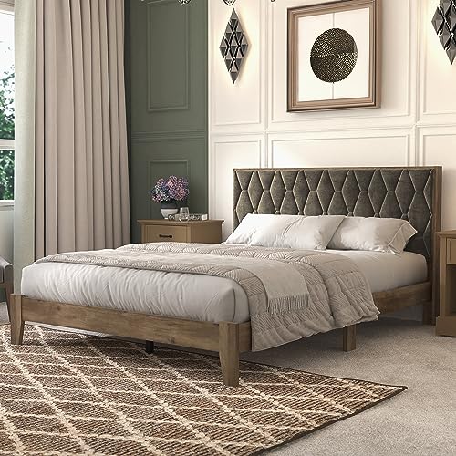 Galano Tancus Upholstered Queen Bed Frame with Headboard - Bed Frame Queen Size - Queen Size Bed Frame - Wood Slat Support - No Box Spring Needed - Strong Weight Capacity - Easy Assembly - Knotty Oak