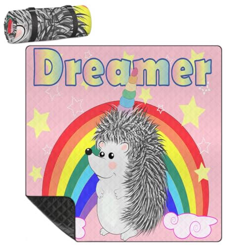 Shimoshe Extra Large Picnic Blankets 79”x 79”, Rainbow Hedgehog Waterproof Foldable Picnic Mat with Straps Portable Beach Blanket for Camping Park Grass Beach Indoor