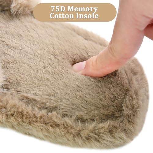 ZOORON Women's Fuzzy Slippers with Memory Foam Comfy Faux Fur Anti-Skid Sole Slippers for Women Bedroom House Open Toe (a-brown-9-10)3