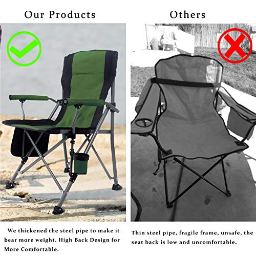 Maiufun Portable Camping Chair Folding Heavy Duty Quad Outdoor Large Chairs Support 330 Lbs High Back Padded Thicken Oxford With Armrests, Storage Bag, Cup Holder, Carry Bag For Outside(Green) #TOP5