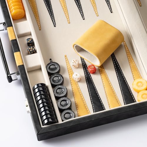 Lingle 15inch Backgammon Sets for Adults, Classic Backgammon Board with Unique Checkers Dice, Faux Leather Exterior and Velvet Interior, Portable Backgammon Travel Set (Black) - image 2
