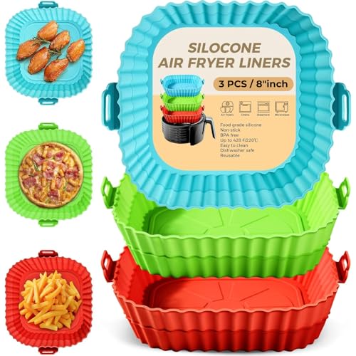 Image of Air Fryer Liners Pack of 3 - Square 8 Inch Silicone Air Fryer Liner, Reusable Baking Tray, Food Grade BPA Free, Heat Resistant 240C, Nonstick Pot with Handles, Fits 4-7 QT-Multicolor