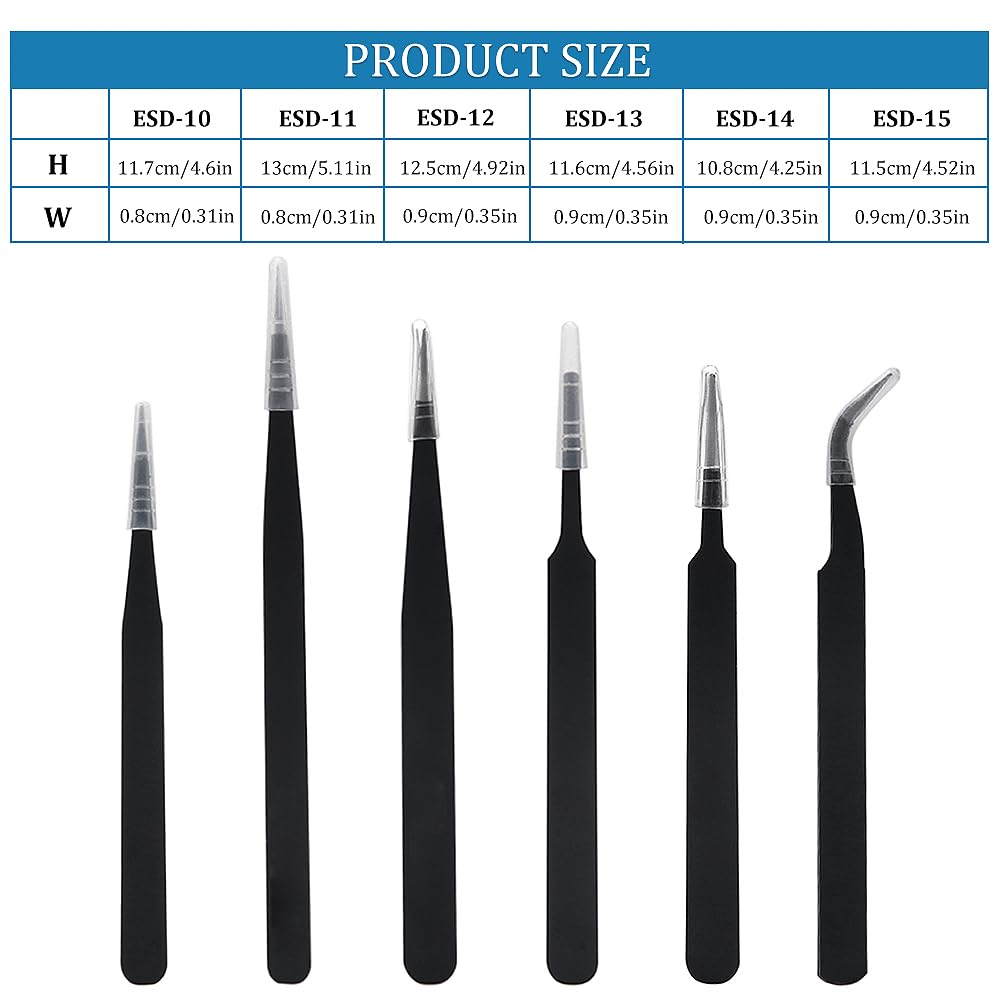 YIXISI 6 Pezzi Pinzette di Precisione ESD Kit, Pinzette Industriali Antistatiche in Acciaio Inossidabile, con Panni per La Pulizia, per Elettronica, Saldatura, Gioielli, Artigianato, Laboratorio
