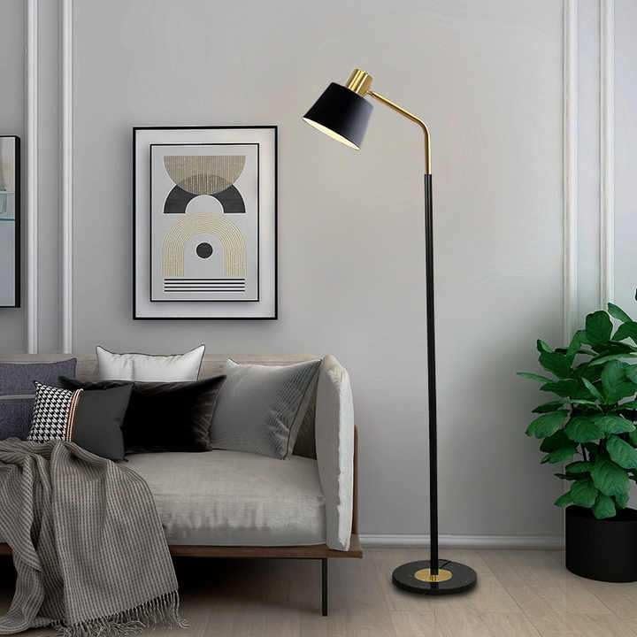 Image of Modern Floor Lamp for Living Room | Black & Gold Metal Standing Lamp with Adjustable Head | Minimalist Reading Floor Lamp for Bedroom, Corner & Home Decor