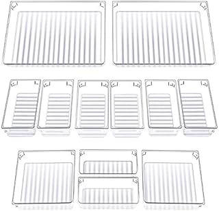 Drawer Organiser Trays - Set of 12 | 3 Sizes for Neater Storage | Transparent Plastic Dividers | Kitchen, Bedroom, Bathroom & Office | Organiser Tray for Makeup, Stationery | Pukkr