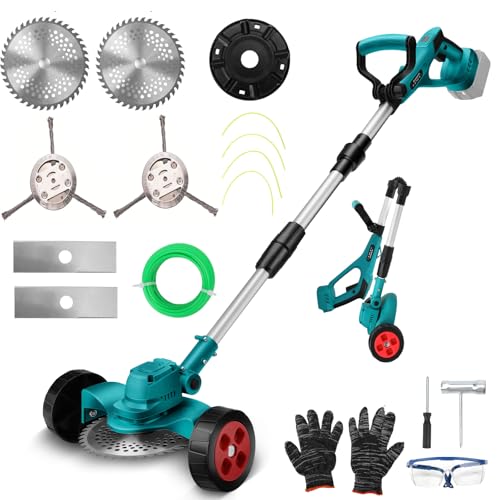 Akku Rasentrimmer Rasenkantenschneider Freischneider für Makita 18V (ohne Akkus) 4 in 1 Unkrautbürste Schneidklingen Rasentrimmerfaden Batterie Rasenmäher Teleskopgriff mit Rasenschneiden Räder